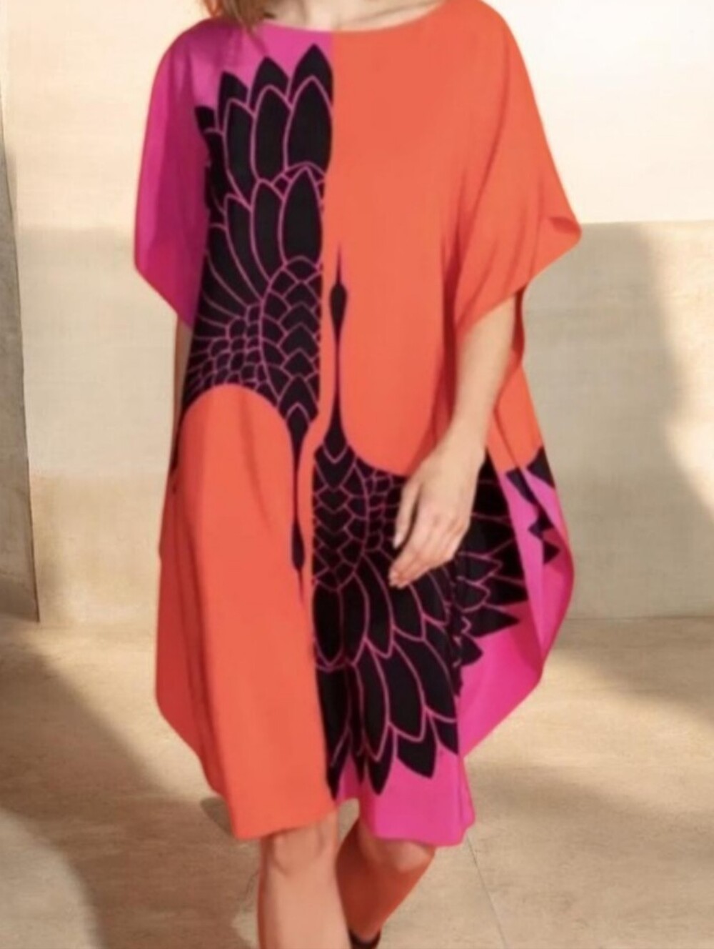 Trina Turk Global Caftan Silk Dress With Fantasy Crane Print XL